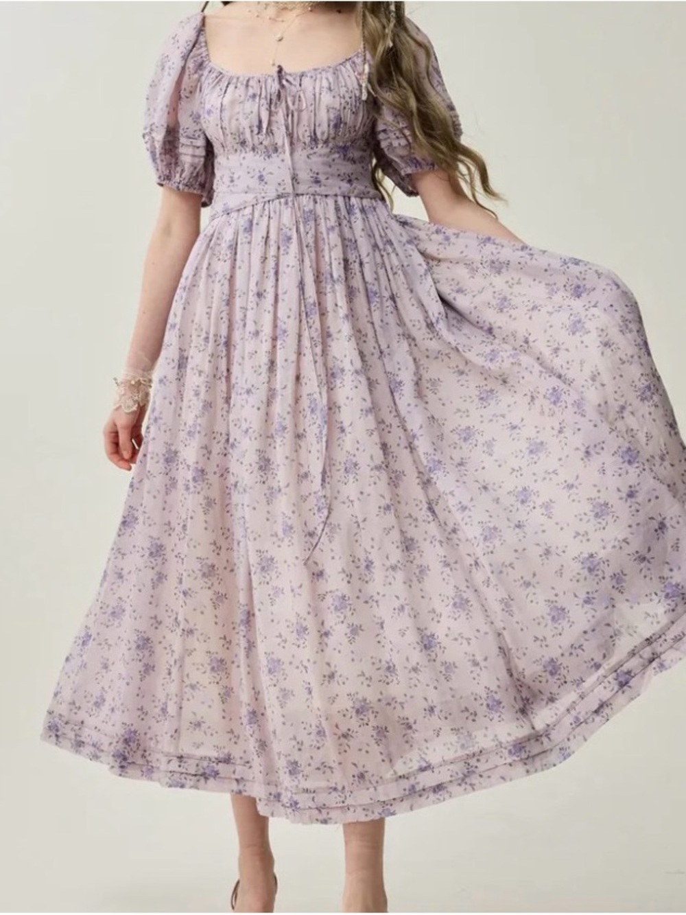 Lavender Floral Maxi Dress with Puff Sleeves - Linennaive Alice 19